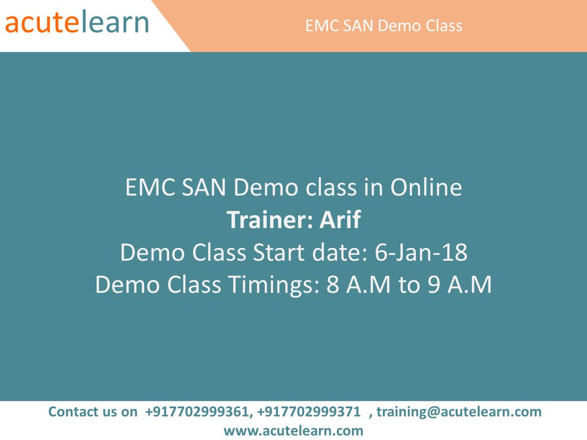 acutelearntech's tweet image. Acutelearn Technologies Training Institute in Hyderabad, We offer the best training in trending technologies to professional and students.
EMC SAN Training in Hyderabad. course content link: acutelearn.com/Courses/emc-sa…