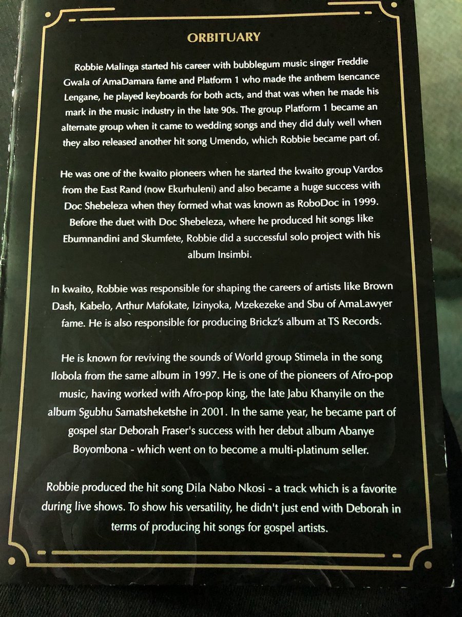 slikouron's tweet photo. Apologies if I read the obituary too fast but we were already late. Because it’s key you know about this man’s  genius please make the time to read it at your pace. :) #RIPRobbieMalinga https://t.co/5P7IxkfvkR