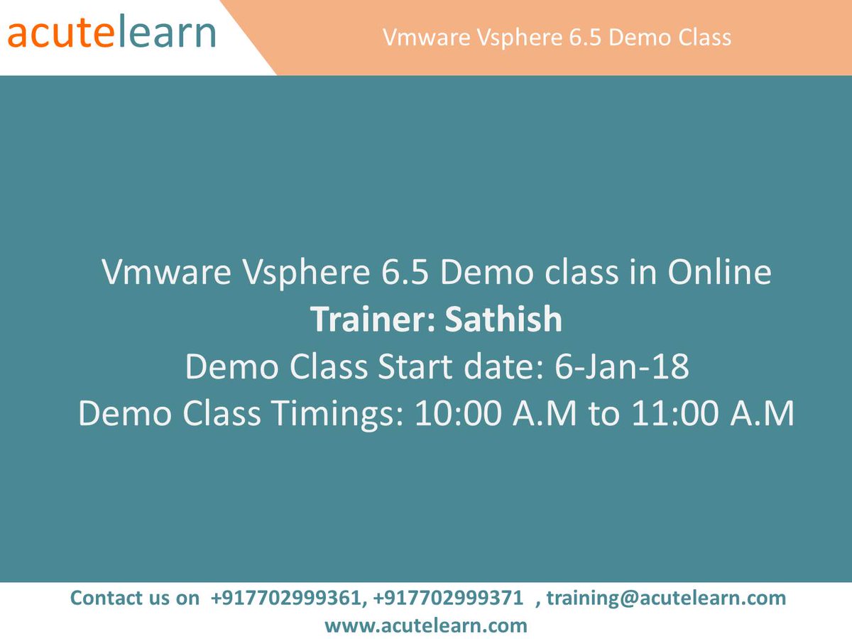 acutelearntech's tweet image. Acutelearn Technologies is one of Best VMware Vsphere 6.5 Training Institute in Hyderabad, which covers VMware vSphere: Install, Configure, 
Manage [V6.5], and addresses the certification VMware Certified Professional 6 - Data Center Virtualization (VCP6-DCV).