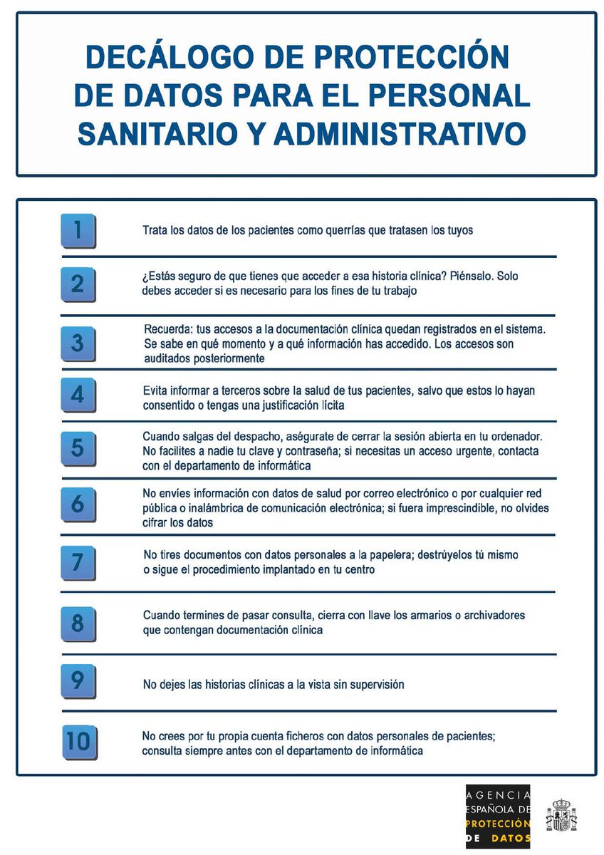 fundacionfidisp's tweet photo. La Agencia Española de Protección de Datos (AEPD) ha preparado un decálogo de la protección de datos en el ámbito sanitario. El documento da recomendaciones para todo tipo de situaciones: https://t.co/0wP87U9eAJ #SegPac https://t.co/JAfTuFgiIi