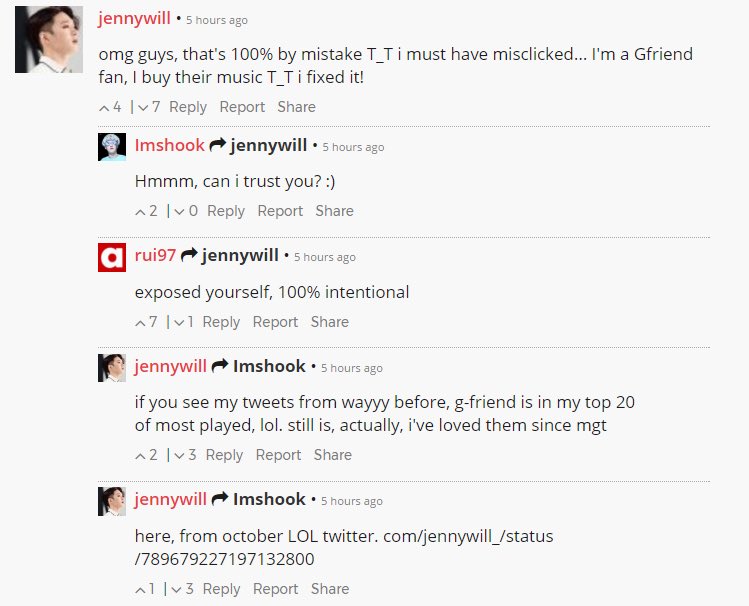 example 10: gfriendthis isn’t even a mistranslation or anything but like....... yikes...... allkpop reported on gfriend’s cb and posted a ss of their video but??? why??? does it have a dislike??? your bias is showing jenny, “misclick” MY ASS
