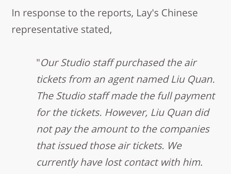 example 11: laycan’t forget this! allkpop reported that lay didn’t pay his airfares when in reality, he had an AGENT who was supposed to pay the fares but ran off with the money instead. allkpop, your trash personality is showing