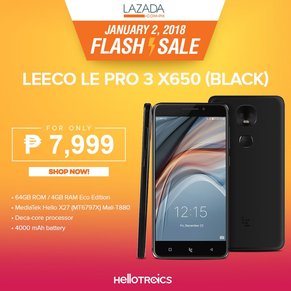 hellotronics's tweet photo. FLASH SALE ALERT!
Make an excellent photography using this Le Pro 3

Now Available:
LeEco LE Pro 3 X650 - https://t.co/skA5Ob87xY

Please visit us:
Lazada: https://t.co/5bYvnm19sd
Shopee: https://t.co/3oZG6ZDcKn

#Hellotronics #LeEco #sale #smartphone #mobile #android https://t.co/1P6mgR1r40