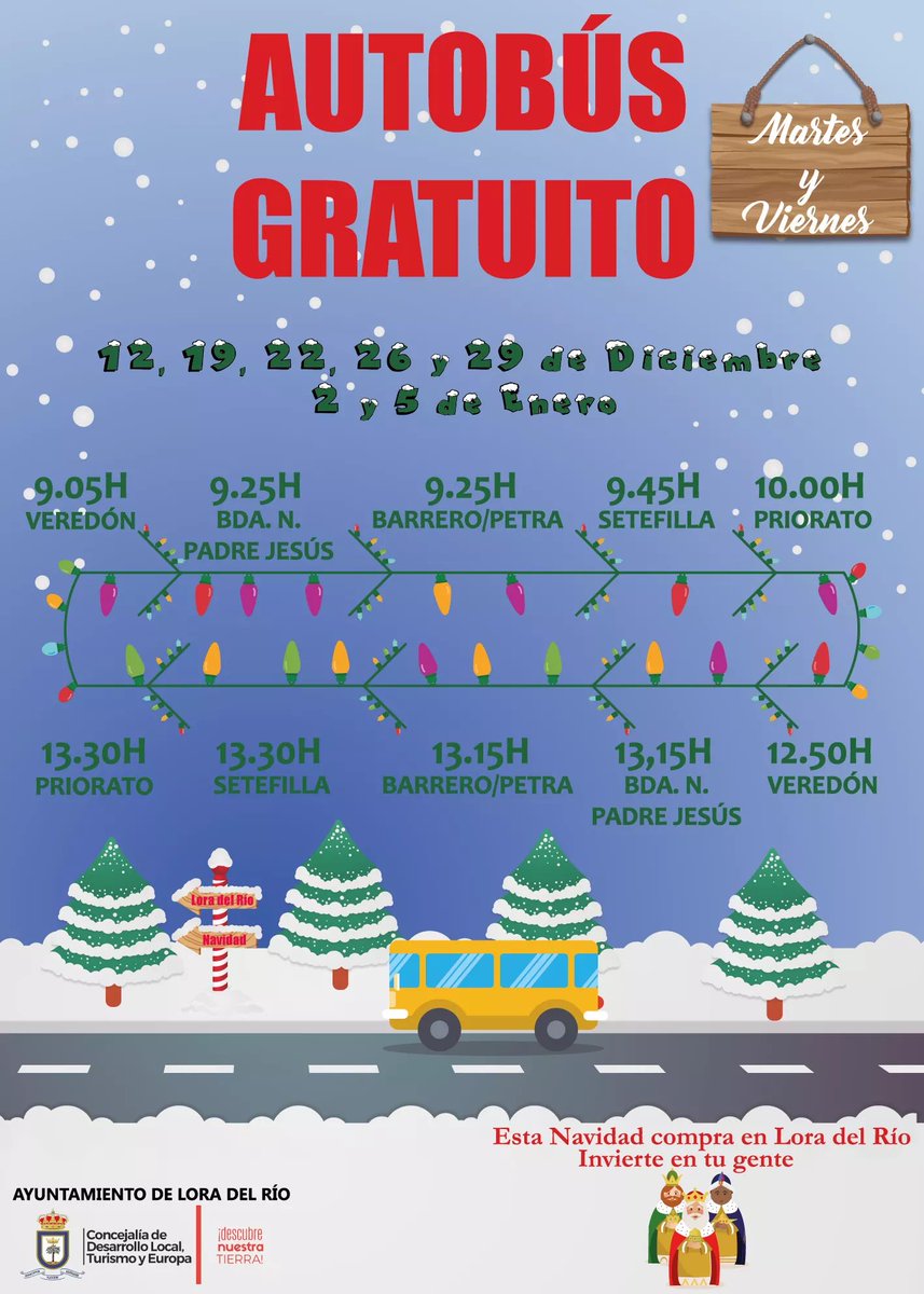aytoloradelrio's tweet photo. Puesta en marcha hoy martes del servicio de autobús gratuito entre las pedanías y barriadas de Lora del Río durante estas fiestas navideñas, con los horarios y paradas detalladas en el cartel #LDResDesarrollo #compraenlora #invierteenlora @Luisa_Cava https://t.co/xx37oyw2LQ