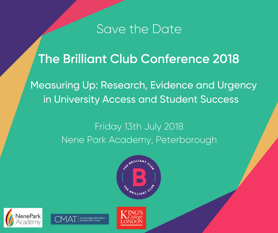 SallyBurtonshaw's tweet photo. What a way to start the New Year - get this in your diary for Friday 13th of July so you don't miss @BrilliantClub Conference 2018! Stay tuned for more info in the coming weeks! #MeasuringUp #TBCConference #WideningParticipation #WPChat #EdResChat #PhDChat #SaveTheDate https://t.co/0akCxpNyCG