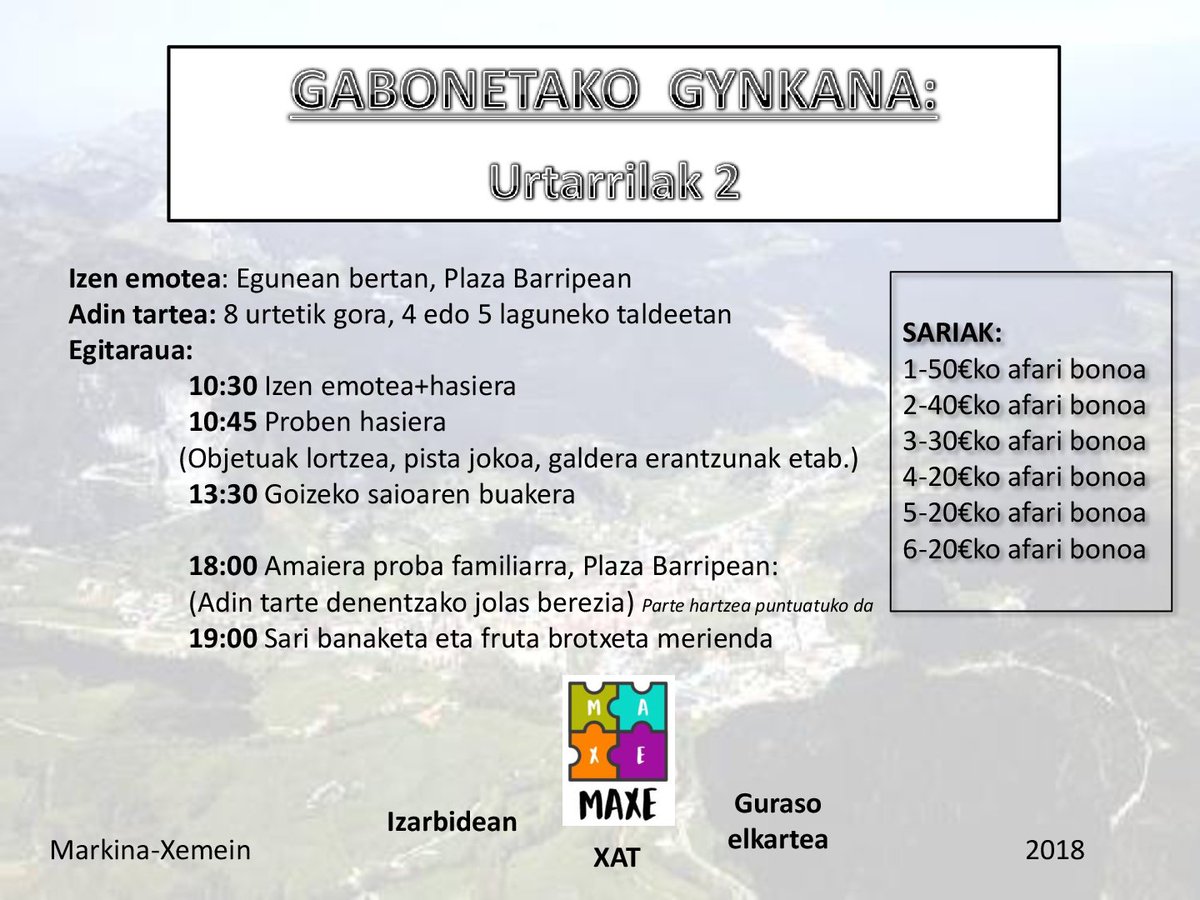 MarkinaXemein's tweet photo. Gaur, asteartea, urtarrilak 2, Gynkana herrikoia izango da Plazabarripean, goiz eta arratsaldez , MAXE eta Guraso Elkartearen eskutik, 8 urtetik gorakoentzat. Izen-ematea, 10:30an; proben hasiera, 10:45ean #MarkinaXemein @LeakoHitza https://t.co/P7oJ8QhgAR
