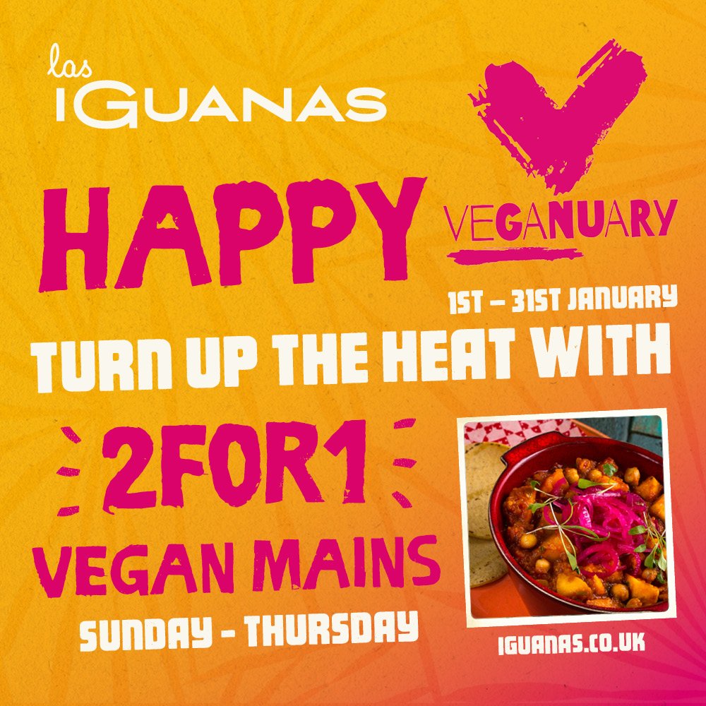 lasiguanas's tweet photo. We've teamed up with @WeAreVeganuary to offer 2FOR1 Vegan Mains Sunday-Thursday for the whole of January 😀😀 T&amp;Cs apply #veganuary https://t.co/P0T8vOsTjj