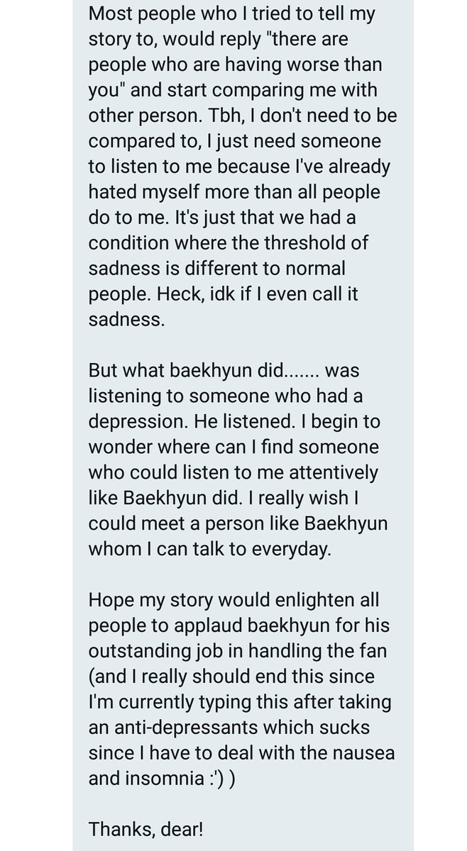exokiss88's tweet image. Hello guys so there an EXO-L ask me to help spread her story.

This is a prove where Baekhyun&apos;s words give a positive feedback to a person who clinically diagnosed with bipolar disorder and depression 💕😊 His action and words change her life to a better one 💕