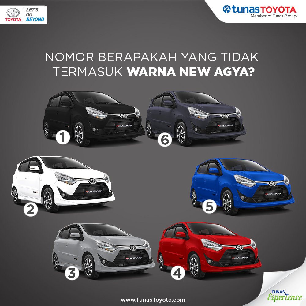 Tunas Friends, coba tebak nomor berapa yang bukan warna dari Toyota New Agya ? #TunasExperience