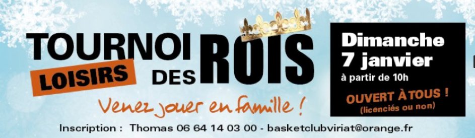 Tournoi loisirs ouvert à tous ( licenciés ou non), 
le dimanche 7 janvier. venez nombreux ;) 
bcviriat.fr