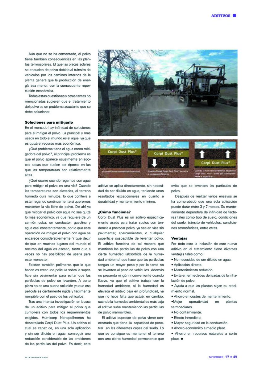 humicorp's tweet photo. Empezamos el año 2018, con una nueva publicación reciente en la revista @EcoconstruMag #dustcontrol #controldepolvo #corpidustplus #caminos #parques #mineria #senderos #aditivo #stabilization #road #way #cami #controldepols #jardi https://t.co/ZdiRyStJnd