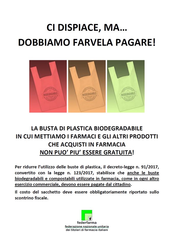 MrBugiardino's tweet photo. Scatta la legge sui sacchetti di plastica:
Dal 1 Gennaio 2018 saranno a pagamento e su richiesta.

...un motivo in più per acquistare online da prezzifarmaco! (tranne i farmaci soggetti a prescrizione medica): 
👉https://t.co/pktg9CLIvf
#farmacia #ecologia #ambiente https://t.co/dDV2RxjjBk