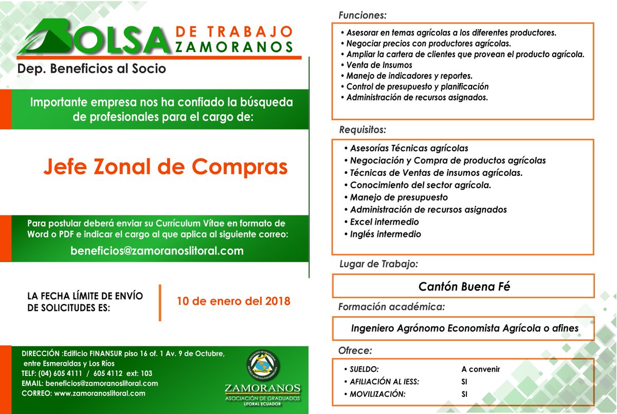 BOLSA DE TRABAJO ZAMORANOS 2018.
SE REQUIERE "JEFE DE ZONAL DE COMPRAS"
Enviar CV, : beneficios@zamoranoslitoral.com.