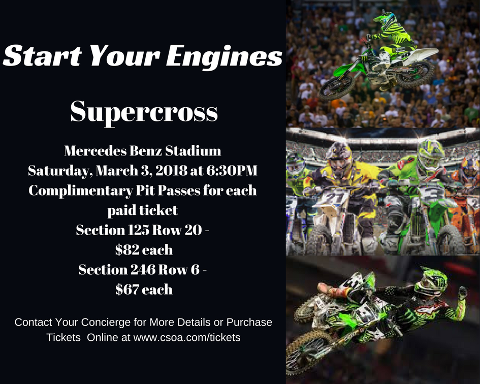 concierge_atl's tweet photo. Start Your Engines!!! Supercross is headed to Atlanta. Ask your concierge today about best available seating options. #ASKCSOA #CSOATLANTA #INTHEKNOW #WEEKENDHAPPENINGS #SUPERCROSS #NEWTICKETOFFERING https://t.co/PiKE3MQErt