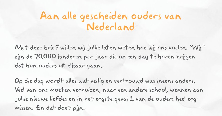 AAN ALLE GESCHEIDEN OUDERS Villa Pinedo heeft samen met jongeren een open brief opgesteld. Deze open brief moet volwassenen bewust maken wat er in het hoofd en hart omgaat van kinderen tijdens het scheidingsproces. Download de brief: villapinedo.nl/open-brief-aan…
