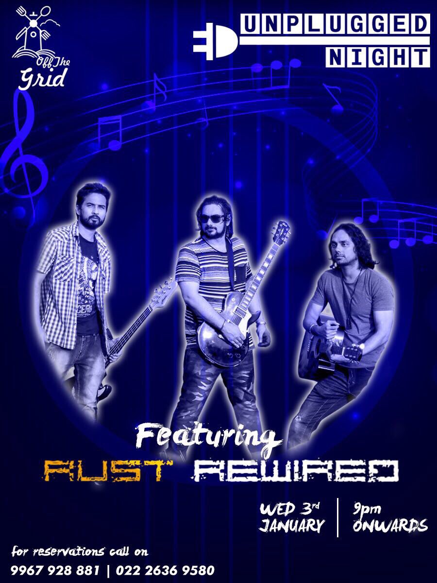 HOP_Mumbai's tweet photo. Welcome the new year with some unplugged magic featuring #RustRewired, tomorrow, 9pm onwards only at #OffTheGrid
For Reservations call on: 099679 28881 / 022 26369580
#GigAlert #UnpluggedNight #SoulfulMusic #LiveBand #LiveMusic #RustRewired #Lokhandwala #Mumbai #Andheri https://t.co/pi9irBfA7L