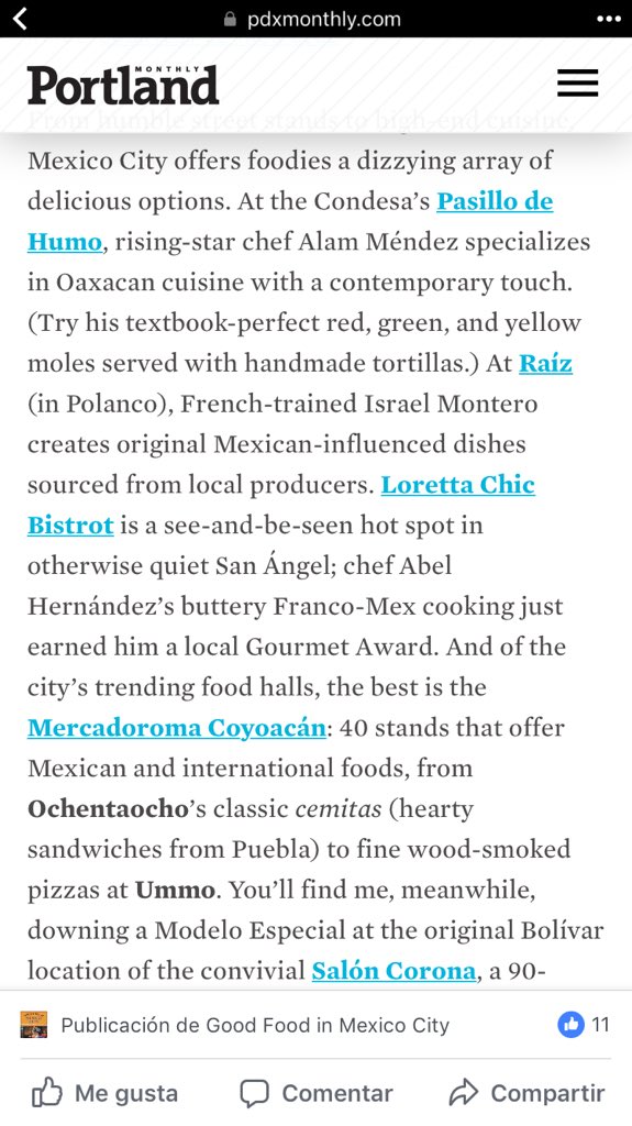 Este mes en Portland Monthly: Felicidades a <a href="/raizpolanco/">RAÍZ</a>, <a href="/mercadoromaMX/">Mercadoroma</a>, <a href="/UmmoMX/">Ummo</a>, <a href="/pasillodehumo/">Pasillo de Humo</a>, <a href="/saloncoronamx/">𝔖𝔞𝔩ó𝔫 ℭ𝔬𝔯𝔬𝔫𝔞 👑</a>, @TresGaleones <a href="/Lorettaresto/">Loretta Chic Bistrot</a>   pdxmonthly.com/articles/2017/…
