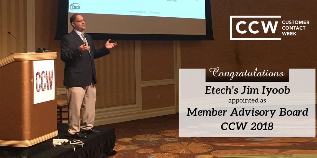 EtechGS's tweet photo. Etech is proud to announce that Etech's @jiyoob, Chief Customer Officer, has been selected as a member for the 2018 #CallCenterWeek (CCW) Advisory Board. #CCWNOLA18 #CustomerContactWeek https://t.co/xRcdzn7Jmn https://t.co/UqvJYFWFx6