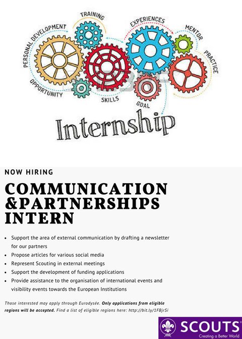 Have you checked out our internship vacancy yet? 
We are looking for an intern in #Communication and #Partnerships, a dynamic team player who is keen on representing #Scouting externally! Are you our new intern? Check out the vacancy, and apply here bit.ly/2mbfjKG