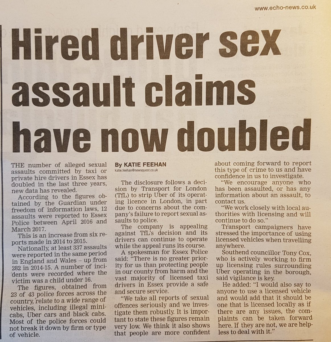 SouthendTPH's tweet photo. As stated by councillor Tony Cox @shoeburyblogger if you choose to use an unlicensed London #uber minicab in Southend then it's at your own risk! Be safe use local licensed taxi and private hire cars only. #uninsured #illegaluber https://t.co/xK8AtpBVOy