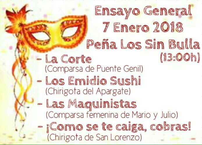 Llegó 2018, y ya huele a carnaval. El domingo 7 de enero ya hay ensayos generales en Córdoba.Si queréis citar vuestro ensayo, mandadlo!
