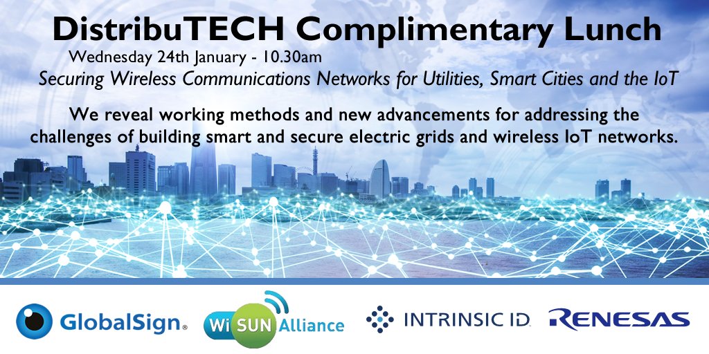 james_SSL's tweet image. Going to @DistribuTECH this year? GlobalSign, @WiSunAlliance, @IntrinsicID &amp;amp; @Renesas1 are offering complimentary lunch &amp;amp; seminar revealing the newest &amp;amp; most advanced techniques for securing smart grids &amp;amp; wireless IoT networks. Register here! &amp;gt; okt.to/mWqg9P #DTECH2017