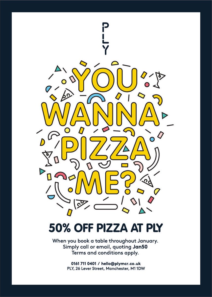 PLYMCR's tweet image. 50% off pizza all throughout January! 😱🍕⚠️💛 Yep, you heard right, 50% off pizza! Just when you thought Jan was all doom and gloom! Terms &amp;amp; conditions apply, please see our Facebook page for more details! 👌🏻 #manchester #pizza #januaryoffer