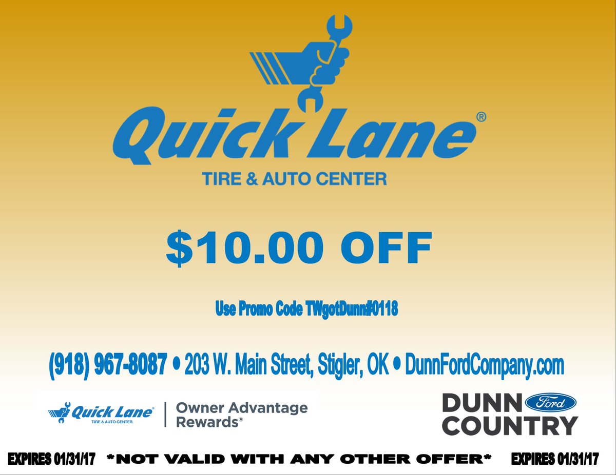 DunnFordCompany's tweet photo. $10 off coupon for the Quick Lane @DunnFordCompany must present the coupon at time of payment and not valid with any other offer.  Expires 01/31/18  #QLDunnFord #DunnFord https://t.co/1PRXUO3piJ