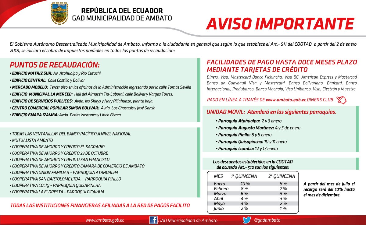 #Comunicado | Recuerda cancelar tus impuestos en los puntos autorizados.

#YoContribuyoPorMiAmbato