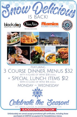 DiannesKingston's tweet photo. ❄️SNOWDELICIOUS IS BACK❄️
Monday-Wednesday enjoy $12 lunch items and 3 course dinners for $32, option to add a glass of wine for just $6 🍷
Celebrate the season with the Black Dog Hospitality family!
#Snowdelicious is also available @AtomicaKingston & @ChienNoirBistro #ygk https://t.co/vcC9giVx4x