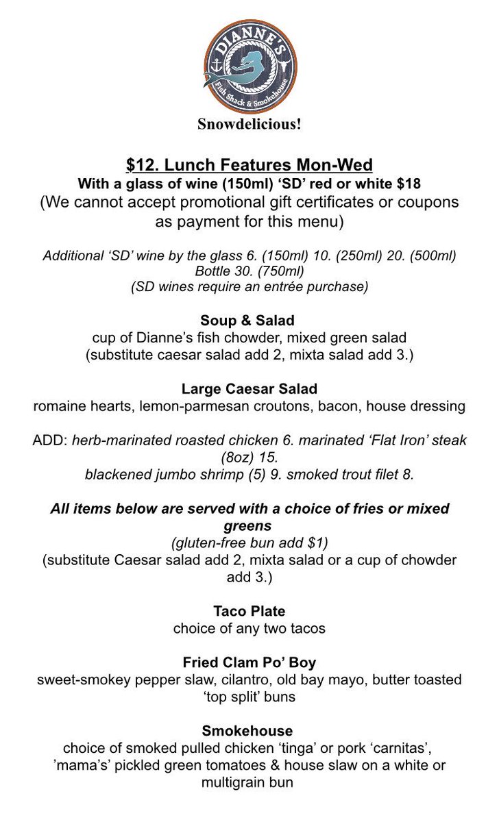DiannesKingston's tweet photo. ❄️SNOWDELICIOUS IS BACK❄️
Monday-Wednesday enjoy $12 lunch items and 3 course dinners for $32, option to add a glass of wine for just $6 🍷
Celebrate the season with the Black Dog Hospitality family!
#Snowdelicious is also available @AtomicaKingston & @ChienNoirBistro #ygk https://t.co/vcC9giVx4x