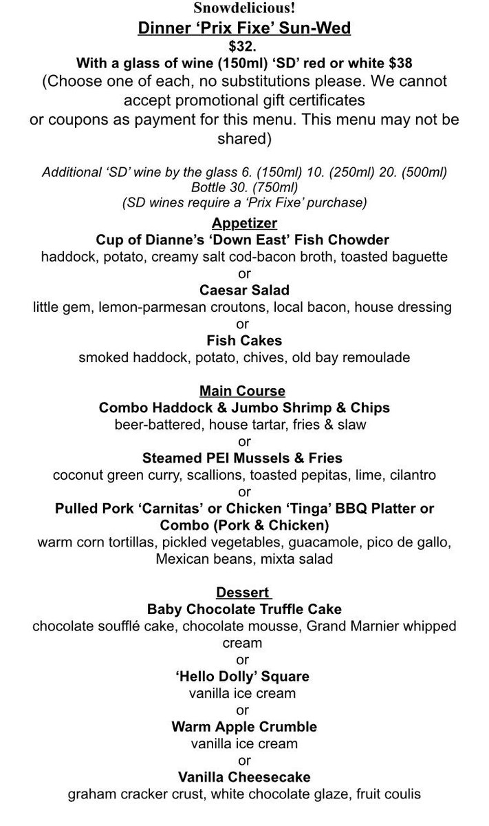 DiannesKingston's tweet photo. ❄️SNOWDELICIOUS IS BACK❄️
Monday-Wednesday enjoy $12 lunch items and 3 course dinners for $32, option to add a glass of wine for just $6 🍷
Celebrate the season with the Black Dog Hospitality family!
#Snowdelicious is also available @AtomicaKingston & @ChienNoirBistro #ygk https://t.co/vcC9giVx4x