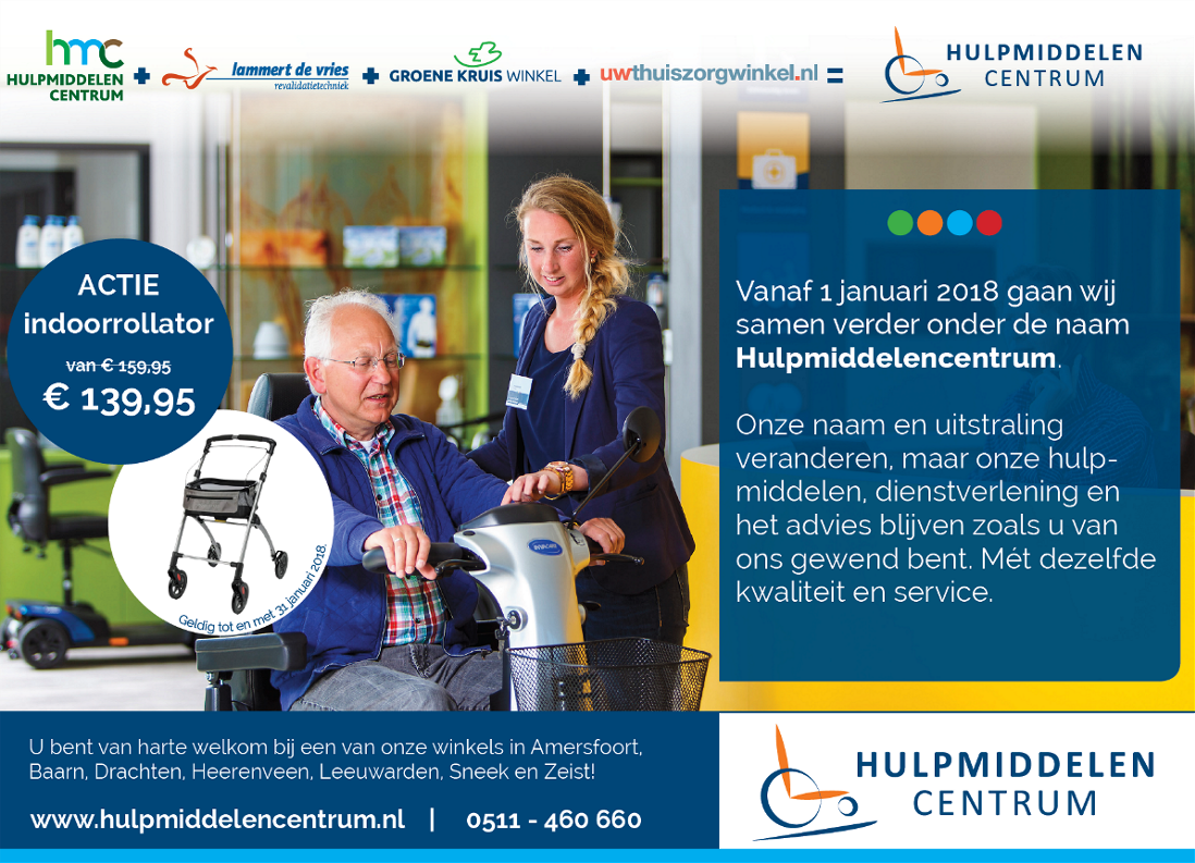 Wij wensen u een prettig 2018! Om onze nieuwe naam te vieren, ontvangt u in de gehele maand januari korting op onze indoorrollator. U kunt ons vanaf nu volgen via de Twitterpagina van @hmchulpmiddelen!