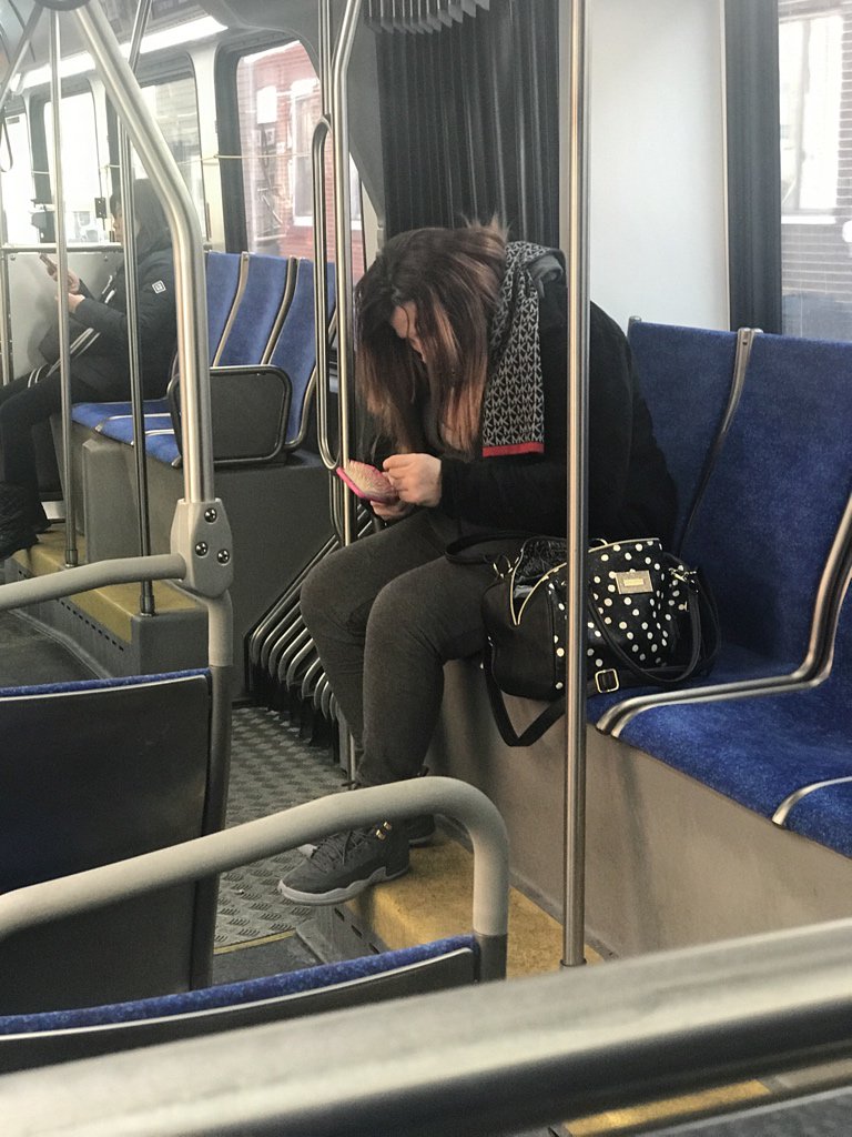 lizyuzu's tweet photo. Woman cleaning out her hairbrush on a @Septa bus. Nothing like a good gag first thing in the morning. @Peopleofsepta @septafail @SEPTA_SOCIAL https://t.co/ovT66PdwXt