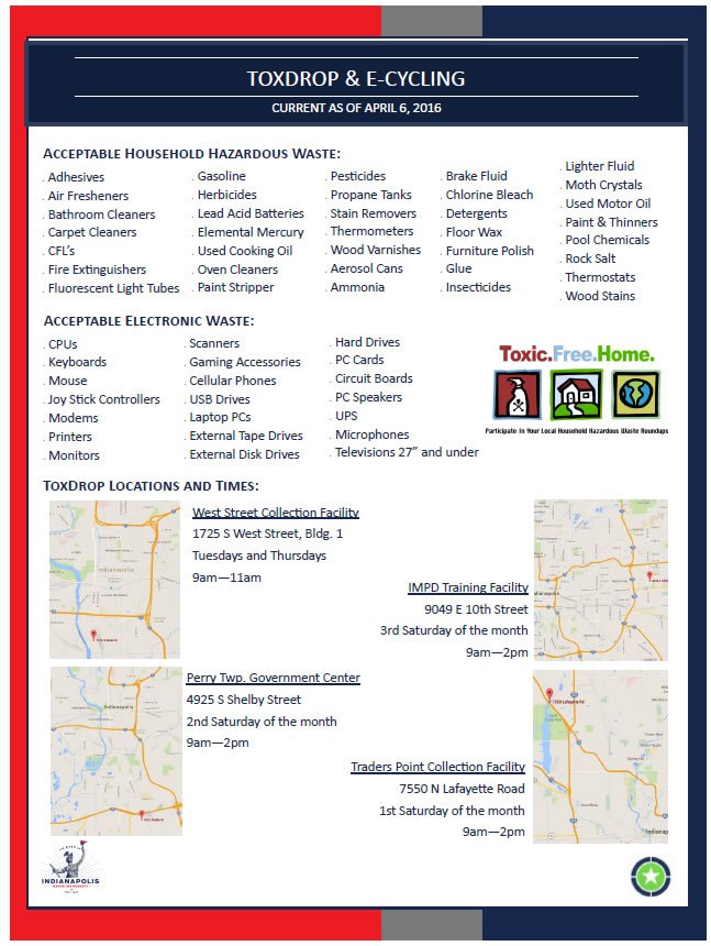 IndyDPW's tweet photo. #ToxDrop is running now! From 9:00 – 11:00 am, bring your household hazardous waste and old electronics to 1725 S West St for free and safe disposal! https://t.co/XIkw44lFHq