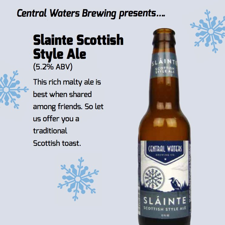 HolidaysPub's tweet image. January's #BeerOfTheMonth: Slainte Scottish Style Ale from Central Waters Brewing