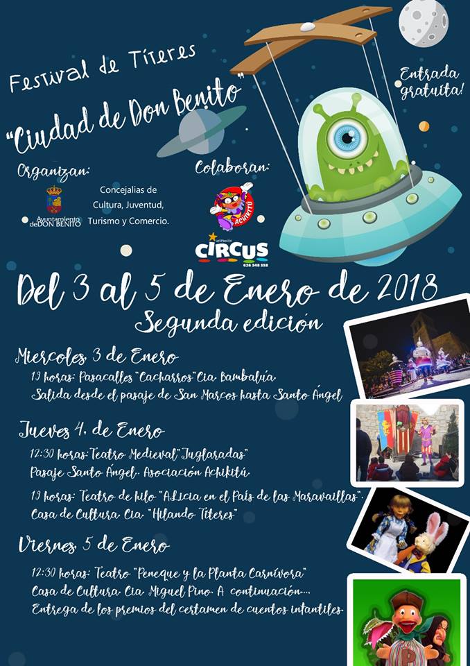 El jueves 4 de enero nos vamos al II Festival de Títeres "Ciudad de Don Benito", allí estaremos con "Alicia en el país de las maravillas" en la Casa de Cultura del <a href="/Ayto_DonBenito/">Ayto. Don Benito</a> a las 19 hs.
#DonBenito #Badajoz