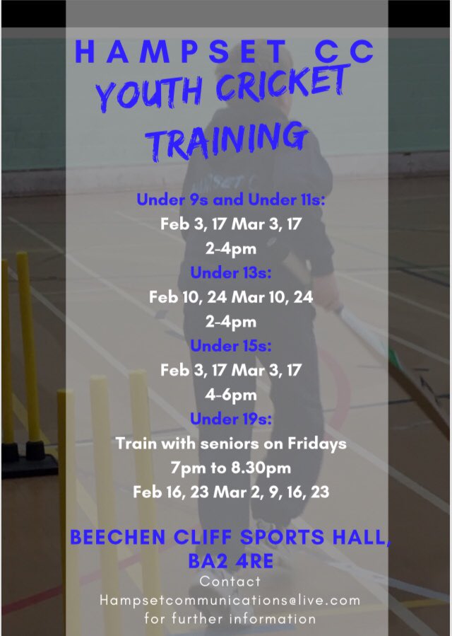 <a href="/HampsetCC/">Hampset Cricket Club</a> #OddDown #Bath #youth #cricket #Wintertrainingschedule #2018 for further information email @hampsetcommunications@live.com