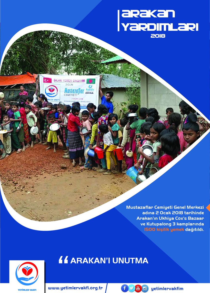 Mustazaflar Cemiyeti Genel Merkezi adına 2 Ocak 2018 tarihinde Arakan’ın Ukhiya Cox's Bazaar ve Kutupalong 3 kamplarında kalan binlerce Arakanlı kardeşimize yemek dağıtıldı.