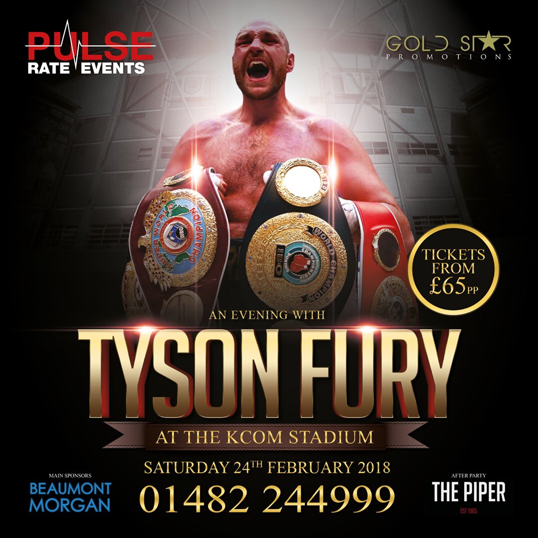 We are proud to announce <a href="/BMD_LTD/">Bentall Microturbine Developments</a> as main sponsors and @thepiperhull will be the after party venue.

<a href="/pulserateevents/">Pulse Rate Events</a> Presents An Evening with "The Gypsy King" <a href="/Tyson_Fury/">TYSON FURY</a> hosted by <a href="/frombullets2biz/">Jon Hilton</a>

Tickets available online here buytickets.at/pulserateevent… 
facebook.com/events/1690328…