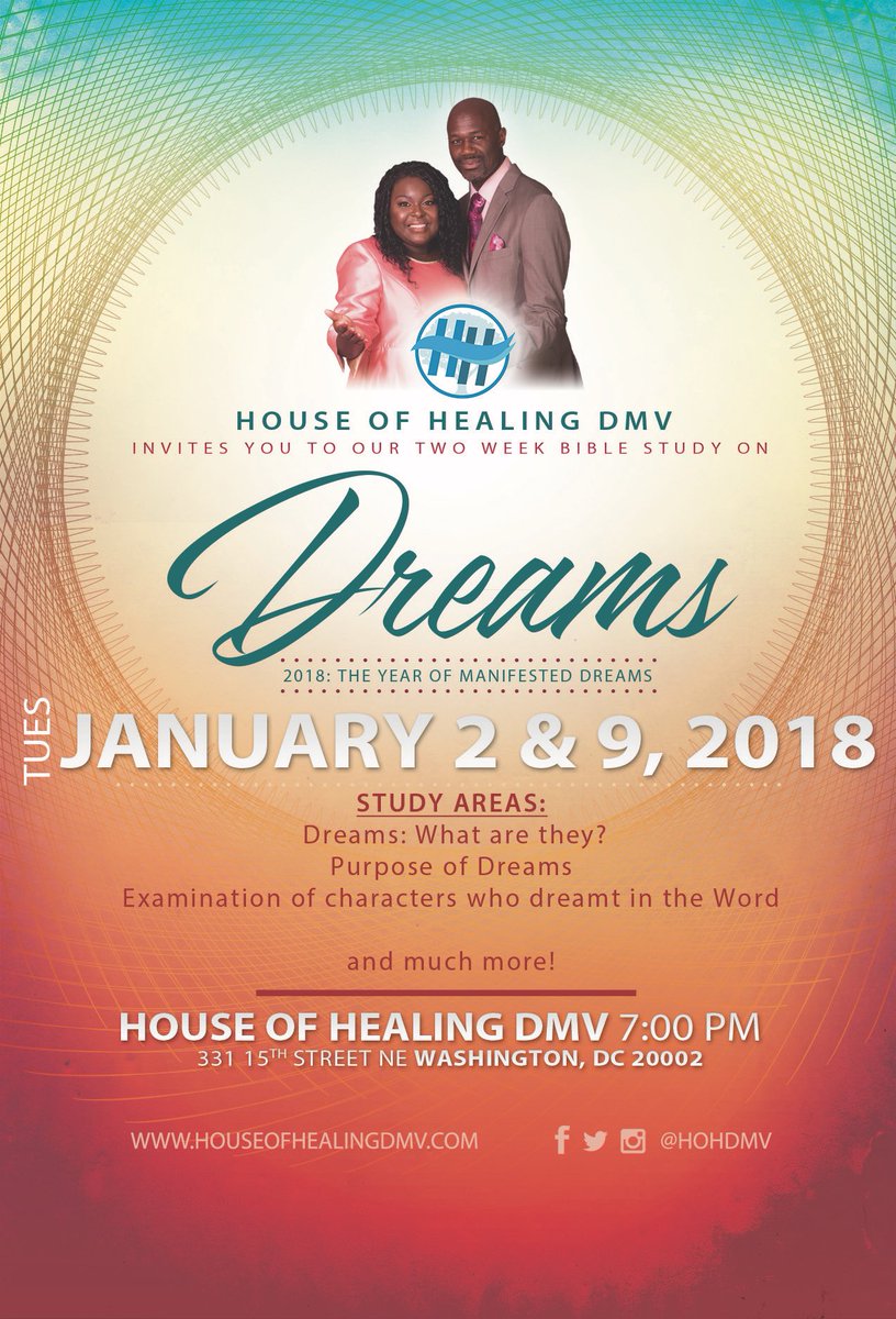 hohdmv's tweet photo. Join #HOHDMV for a two week Bible Study focus on “Dreams!” This study connects with our theme, “2018: The Year of Manifested Dreams!”
Study areas include:
- Dreams: what are they?
- Purpose of Dreams
- Examination of characters who dreamt in the Word
...and much more! Join us! https://t.co/OAyoAeOkPf