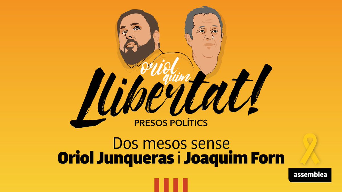 🎗️ Avui fa 2 mesos que l'Oriol <a href="/junqueras/">Oriol Junqueras 🎗️</a> i en <a href="/quimforn/">Joaquim Forn</a> estan injustament empresonats per defensar la voluntat de la majoria del Parlament. Els Jordis ja hi porten 78 dies. El seu empresonament és la vergonya de l'Estat espanyol i d'Europa. Us volem a casa! #Llibertat! 🎗️
