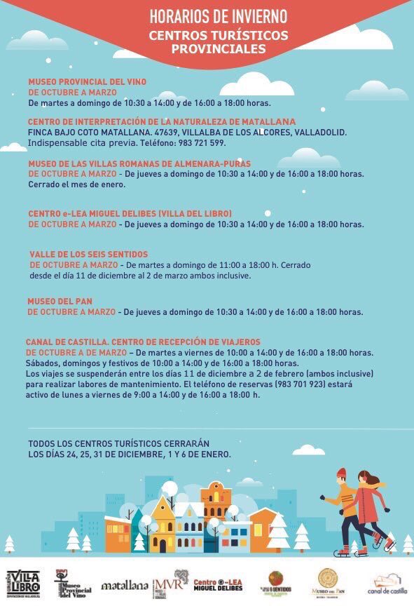 Dip_Va's tweet photo. Que mejor forma de empezar el año que visitando los Centros Turísticos de @turvalladolid y descubriendo su oferta de actividades #MuseoPan #Matallana #VillaLibro #CanalCastilla #ValleSeisSentidos #MuseoVino #VillasRomanas https://t.co/jXldXxhpuY