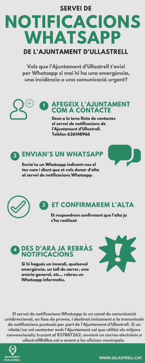 Sent_Ullastrell's tweet photo. Estigues informat en tot moment! Apunta't al servei WhatsApp de l'Ajuntament  ➜ https://t.co/Z3mUvi4UkP https://t.co/fLh6ruhDV6