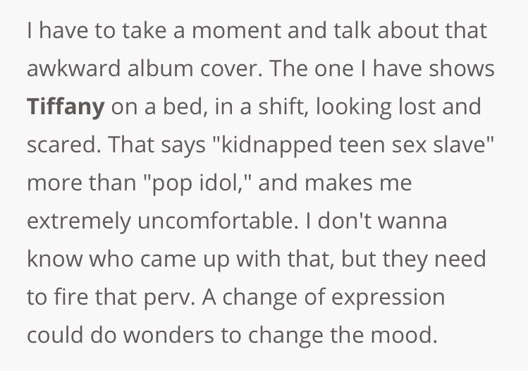 thanks to @/WhatsACJ! in this “review” for tiffany’s ijwd, the author says that tiffany looks like a “kidnapped teen sex slave”???? who even automatically thinks of this?? eric, you’re a weirdo