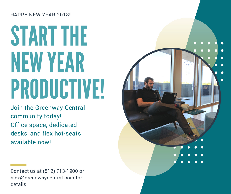 greenwaycentral's tweet photo. Are your new year's resolutions to be productive and achieve your goals? Want to join a community that will keep you accountable? Look no further than @GreenwayCentral! 
#coworking #community #entrepreneur #freelance #smallbusiness #officespace #happynewyear #ATX https://t.co/Vp00dTYDfb