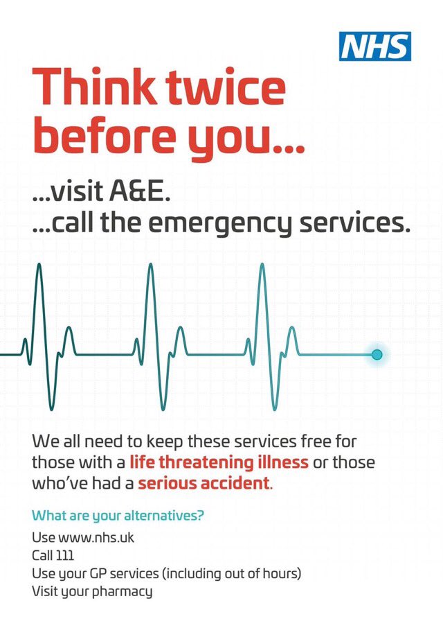 NCAlliance_NHS's tweet photo. Think twice! Why A&amp;E? Our emergency departments at Royal #Oldham, Fairfield General #Bury, #NMGH and at #Salford Royal are experiencing increased demand. Please think carefully - only attend A&amp;E for serious or life threatening conditions. Consider #selfcare, local #pharmacy or GP https://t.co/lp43smi686