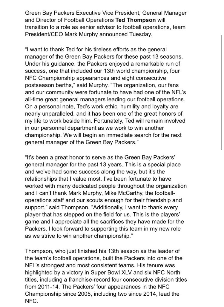 RapSheet's tweet photo. The #Packers make it official: GM Ted Thompson will transition to a role described as Senior Advisor to Fooball Operation. The announcement: https://t.co/VcoceYmdnu
