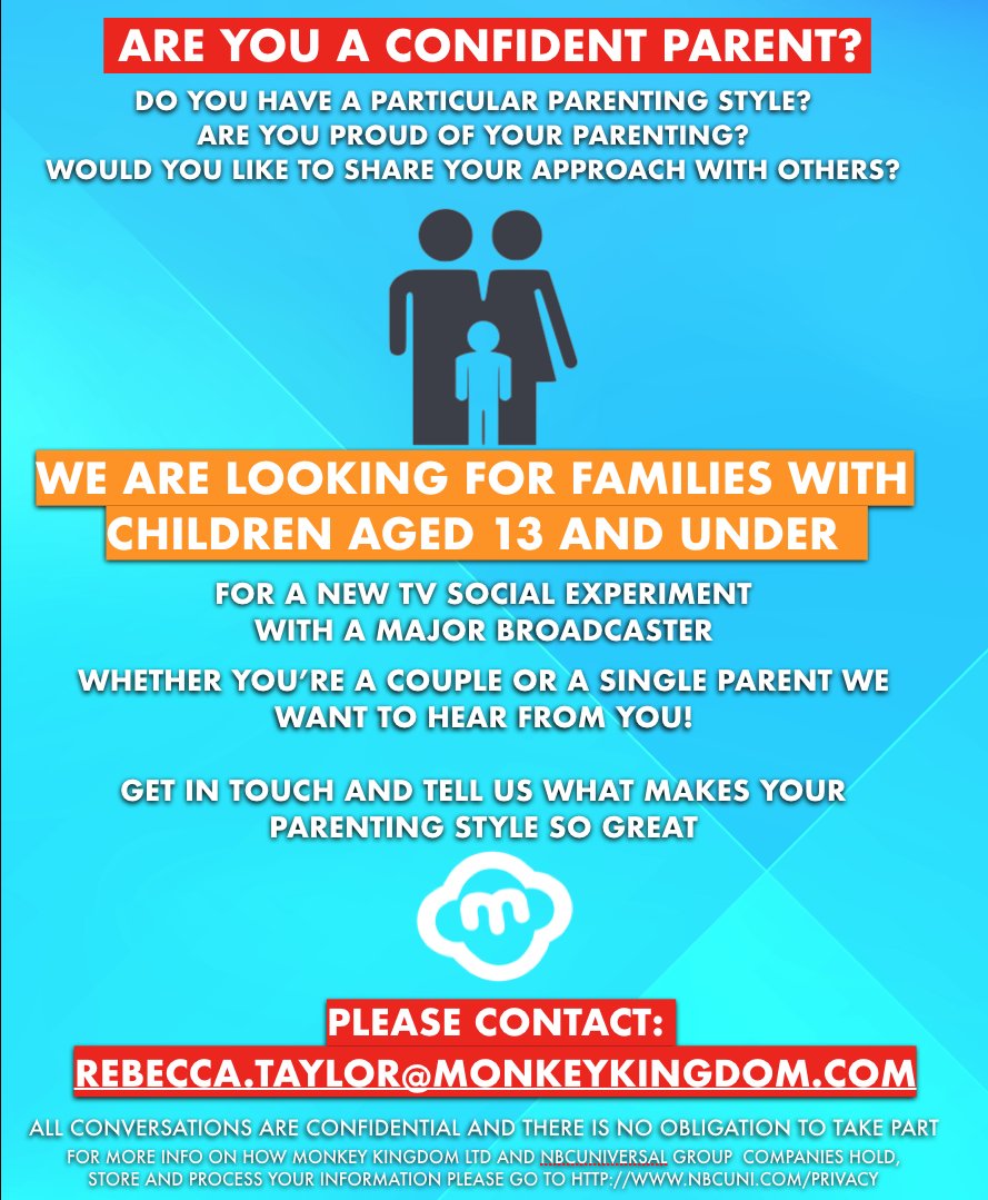 We're looking for confident parents for TV social experiment! Do you have a particular parenting style? Do you want to share your approach with others? If you have a family with children aged 13 and UNDER, we want to hear from you! E: Rebecca.Taylor@MonkeyKingdom.com for info!
