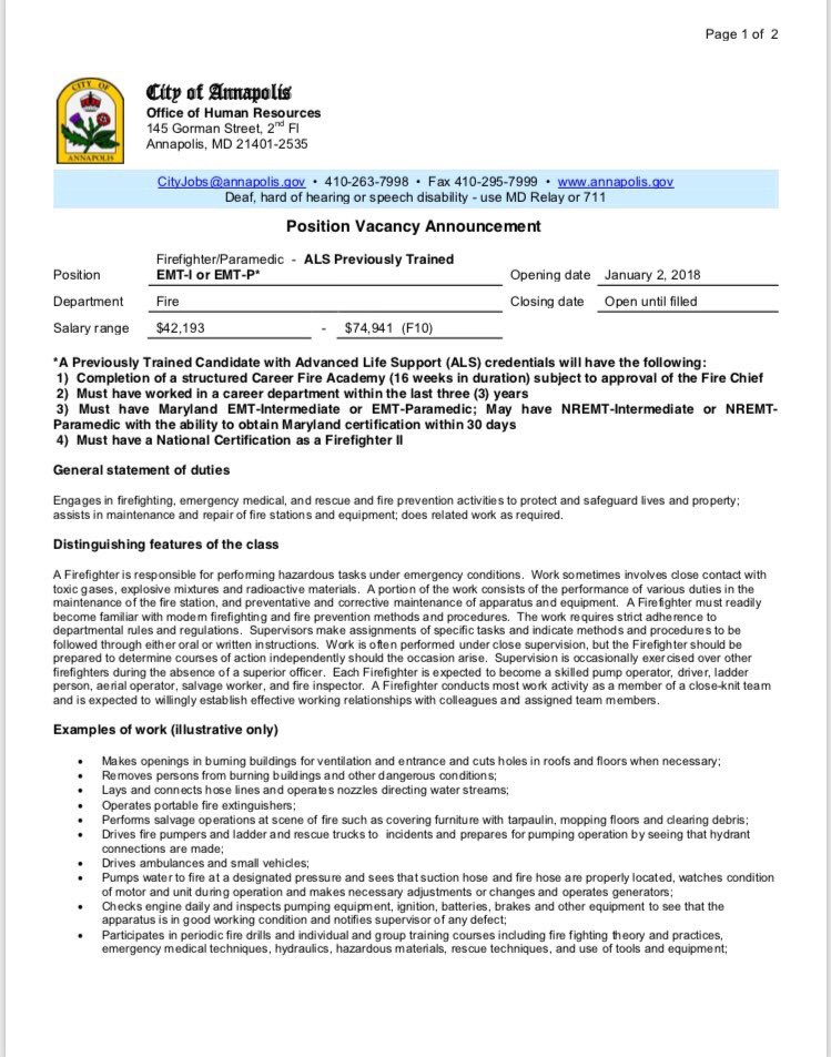 iaff1926's tweet image. Announcement for lateral entry Firefighter/ALS with the Annapolis Fire Department.